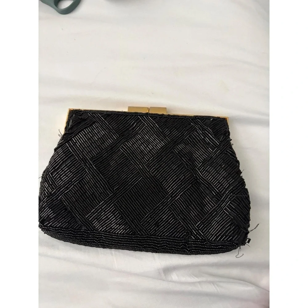 Vintage Marshall‎ Fields Black Beaded Clutch Hand Made Evening Bag Gold Chain